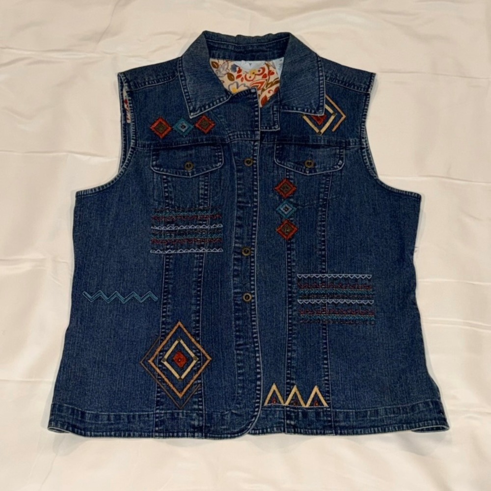 Alfred Dunner Denim Vest 14 Embroidered Boho Geometric Floral Lined‎ Grannycore